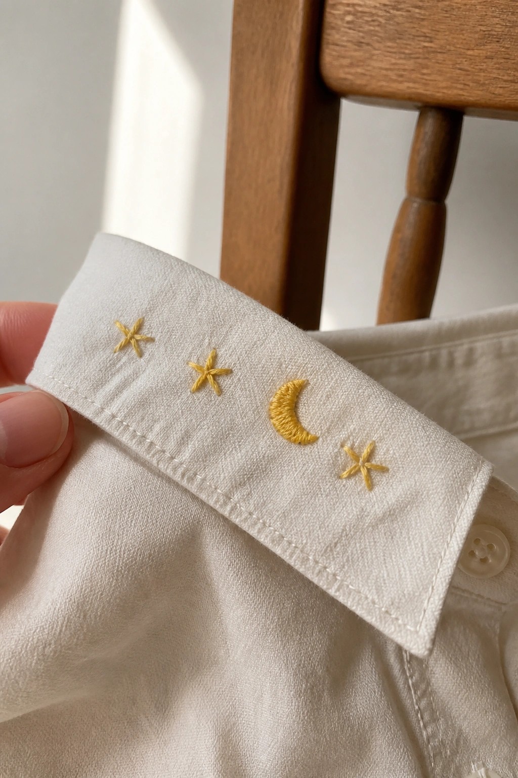 White shirt cuff with yellow embroidered stars and crescent moon, held by hand.
