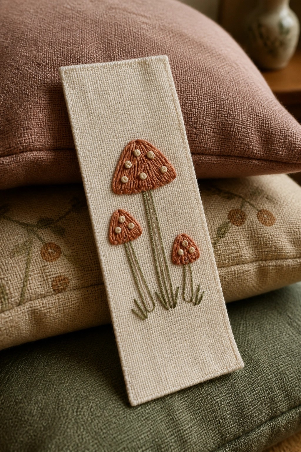 Embroidered bookmark with three brown mushrooms on cream fabric over pillows