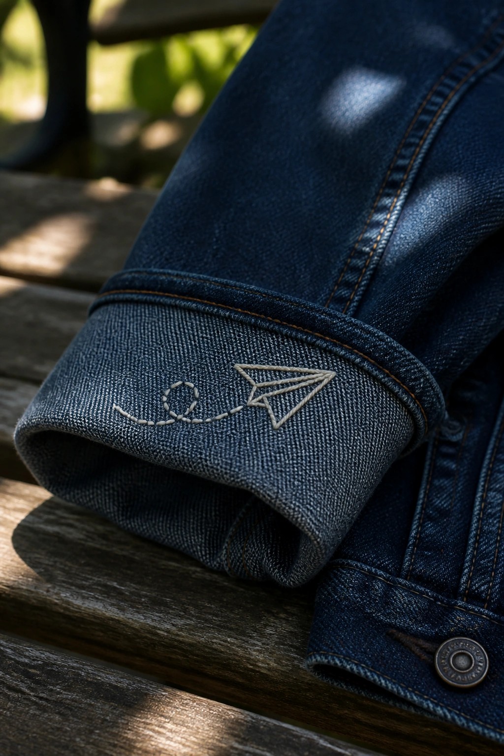 Blue denim cuff embroidered with paper airplane and dashed circle on wood