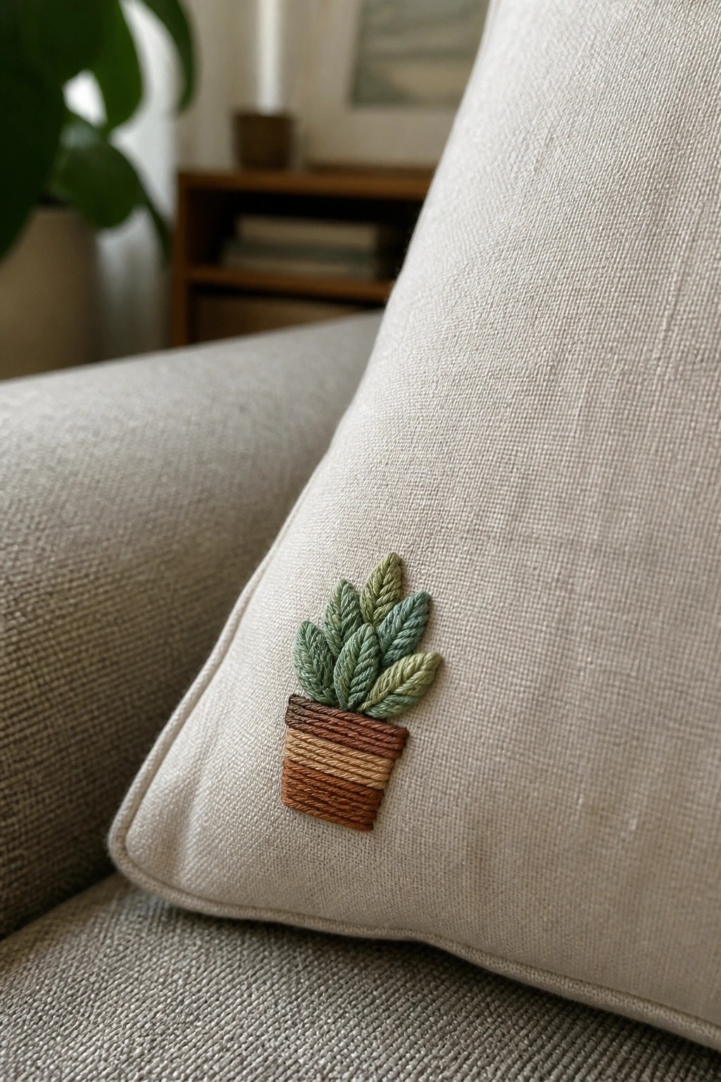 Embroidered potted plant with green leaves on beige fabric cushion