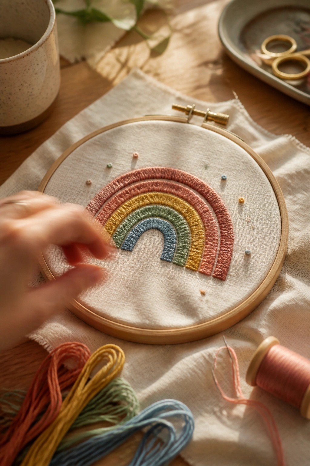 Hand stitching colorful rainbow embroidery in hoop amid scattered threads and supplies