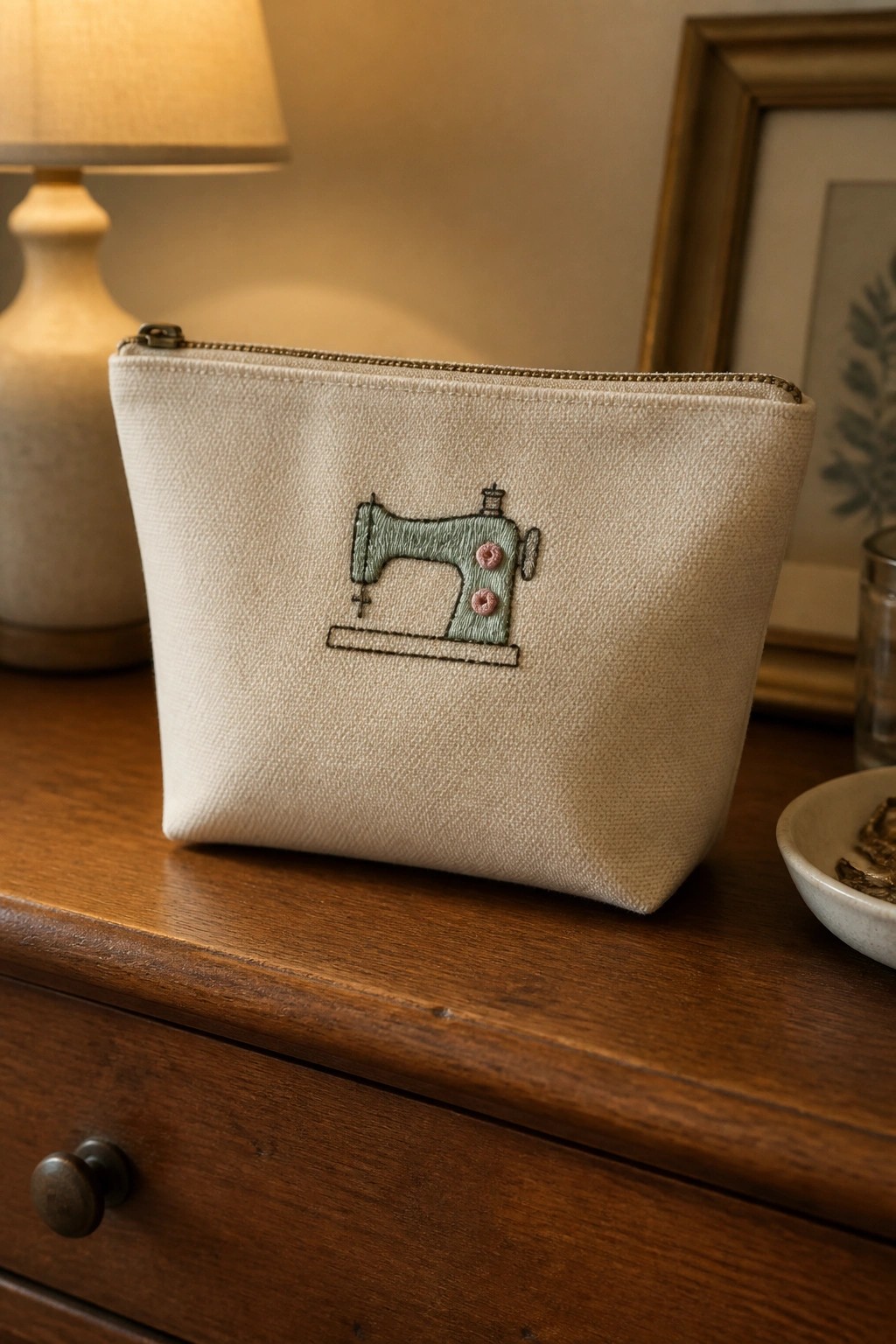 Cream canvas zippered pouch embroidered with mint green sewing machine on wood dresser