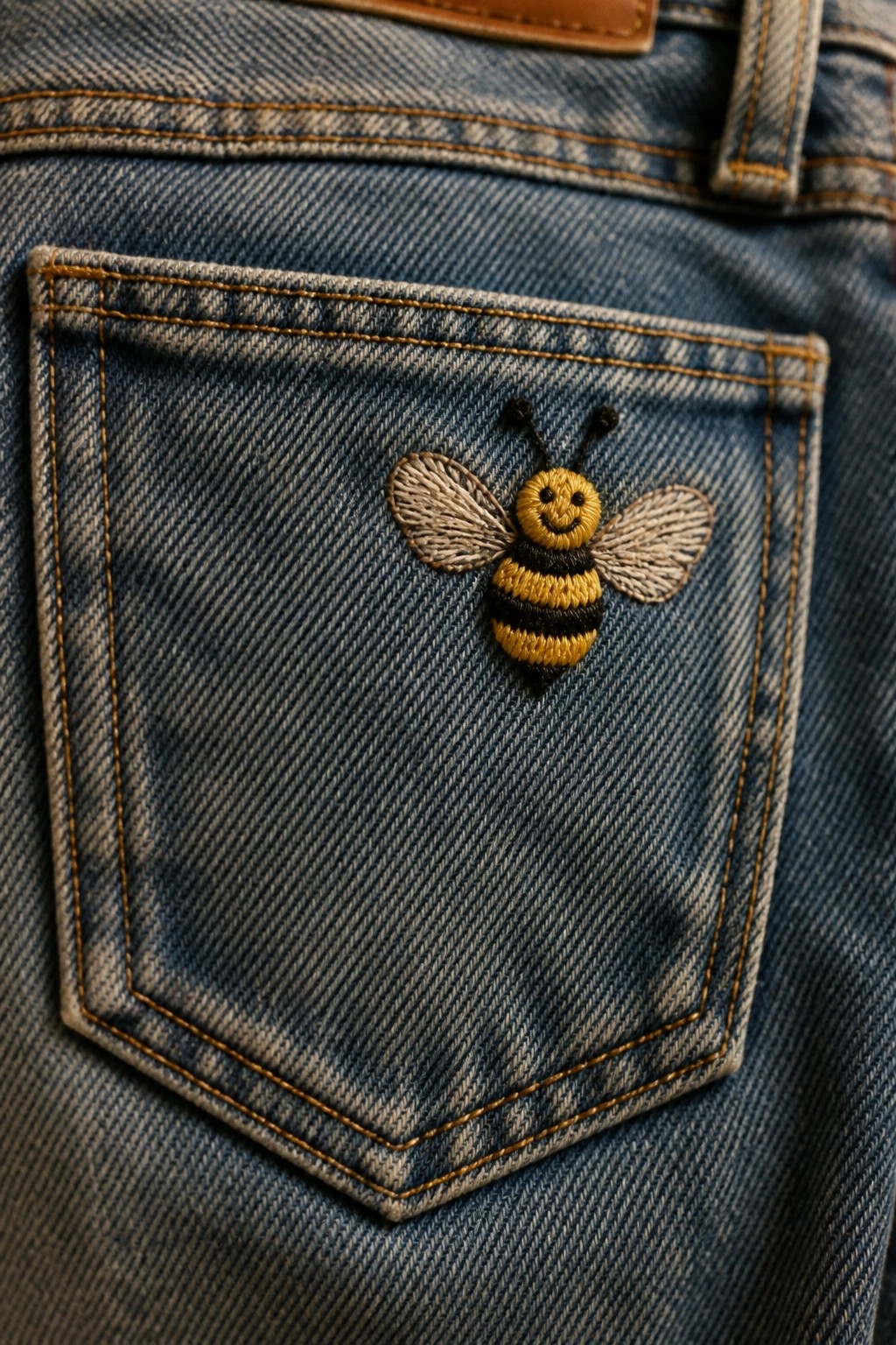 Embroidered smiling bee on back pocket of blue denim jeans with orange stitching