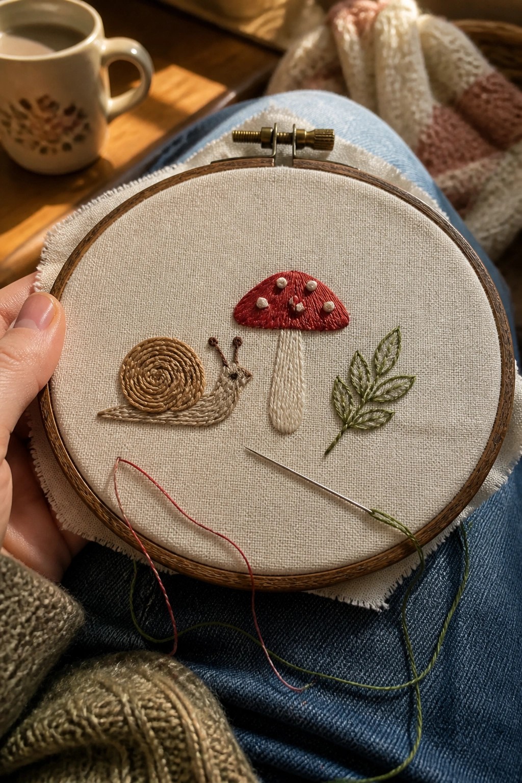 Hand holding hoop with embroidered snail, red mushroom, green leaves, needle and threads