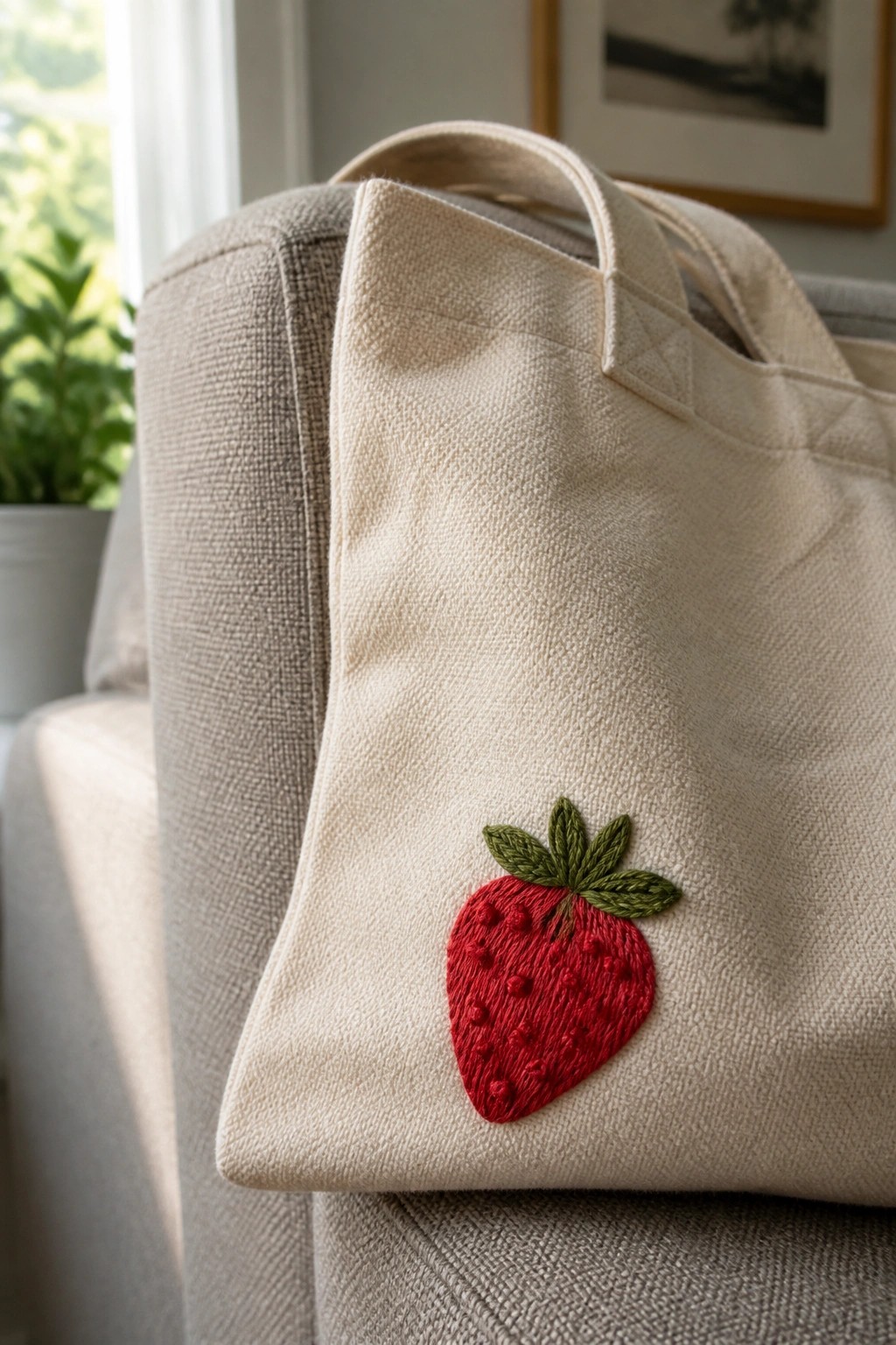Beige canvas tote bag with red embroidered strawberry on gray couch.