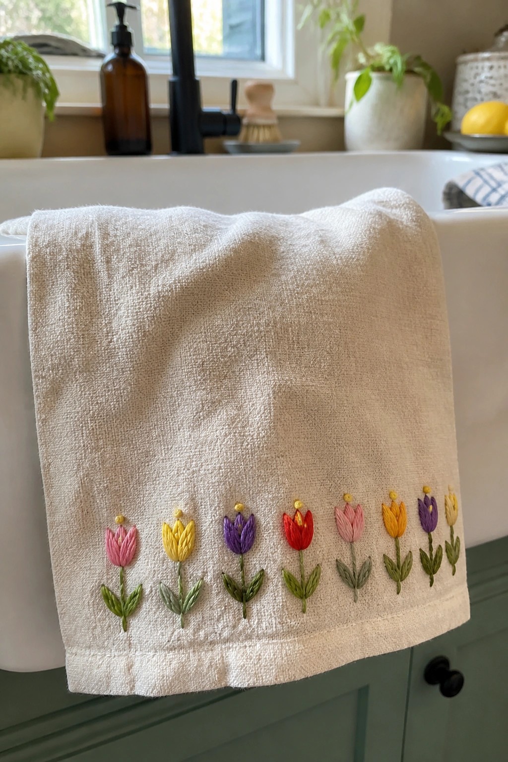 White towel with colorful embroidered tulips draped over white sink edge.