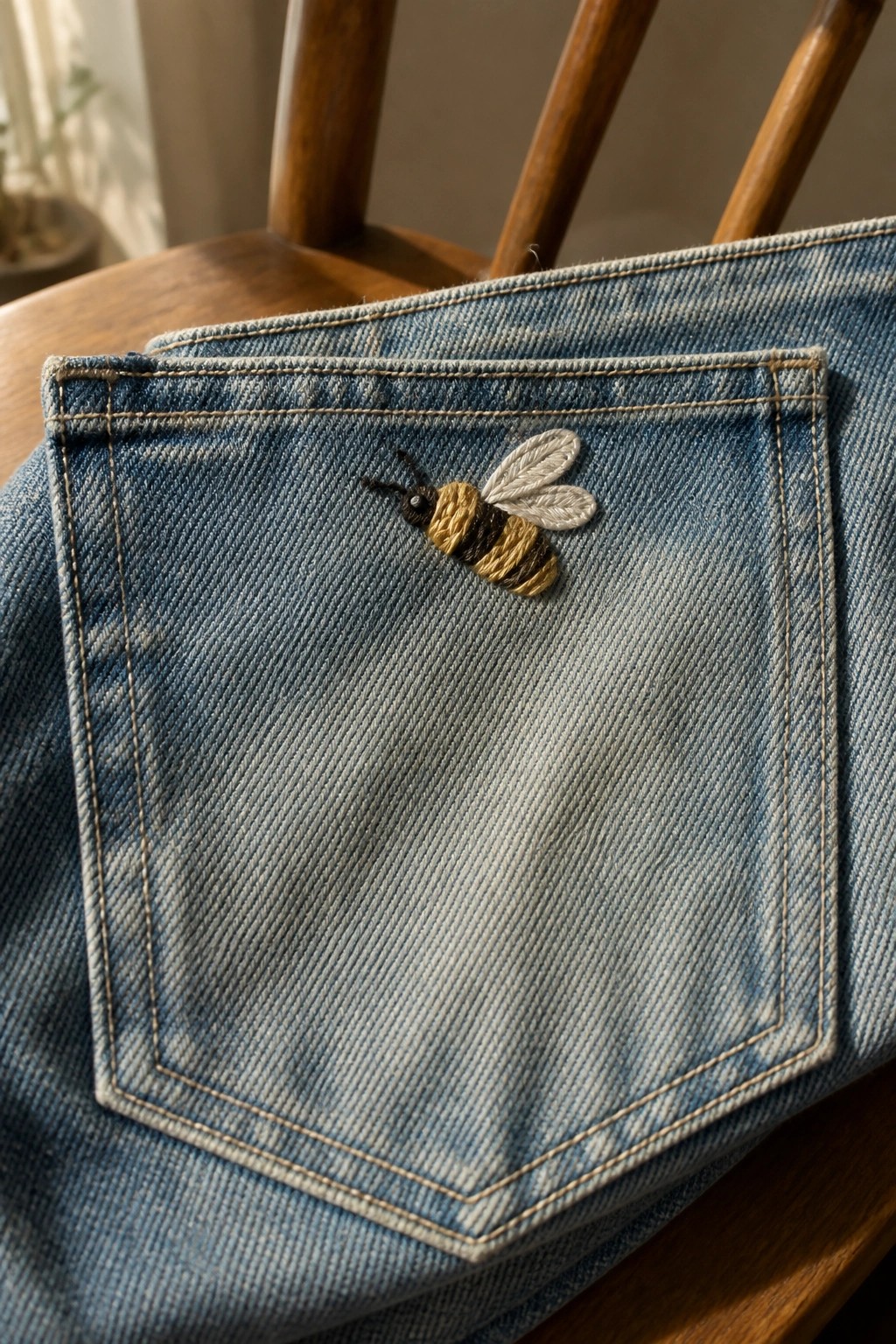 Blue denim jeans back pocket with embroidered yellow and black bee on chair