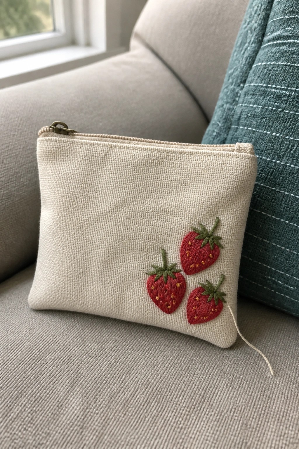 Beige zippered pouch with three embroidered red strawberries on a gray couch.