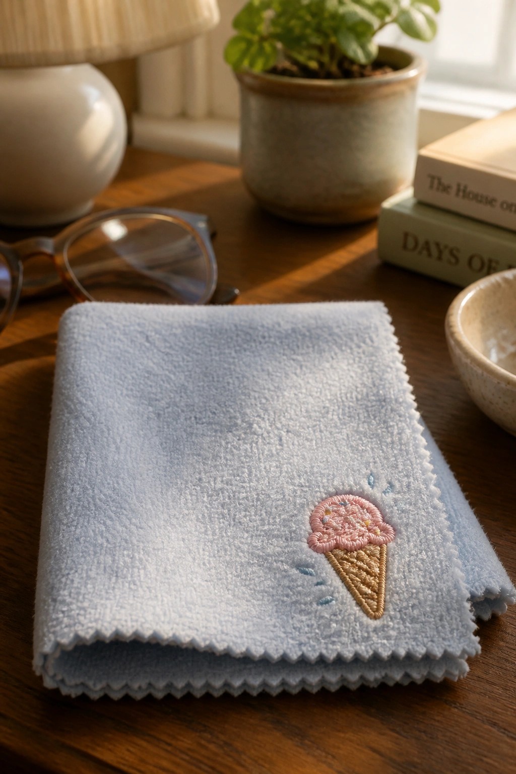 A light blue towel folded on a wooden table with a small embroidered pink ice cream cone in one corner.