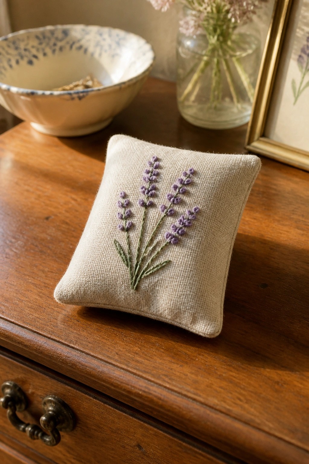 Beige embroidered pillow with purple lavender on rustic wooden table