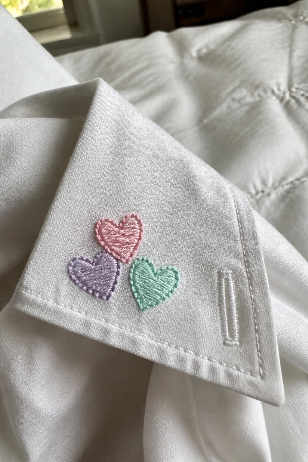 Three small embroidered hearts in pink, purple, and mint green clustered on the cuff of a white shirt.