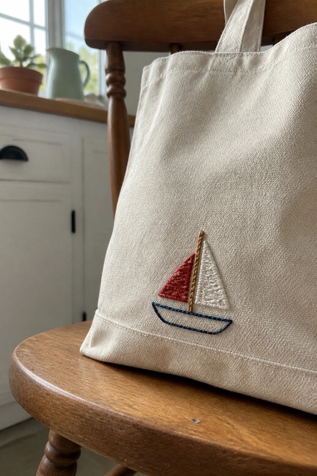 White canvas tote bag with red and white embroidered sailboat on wooden chair