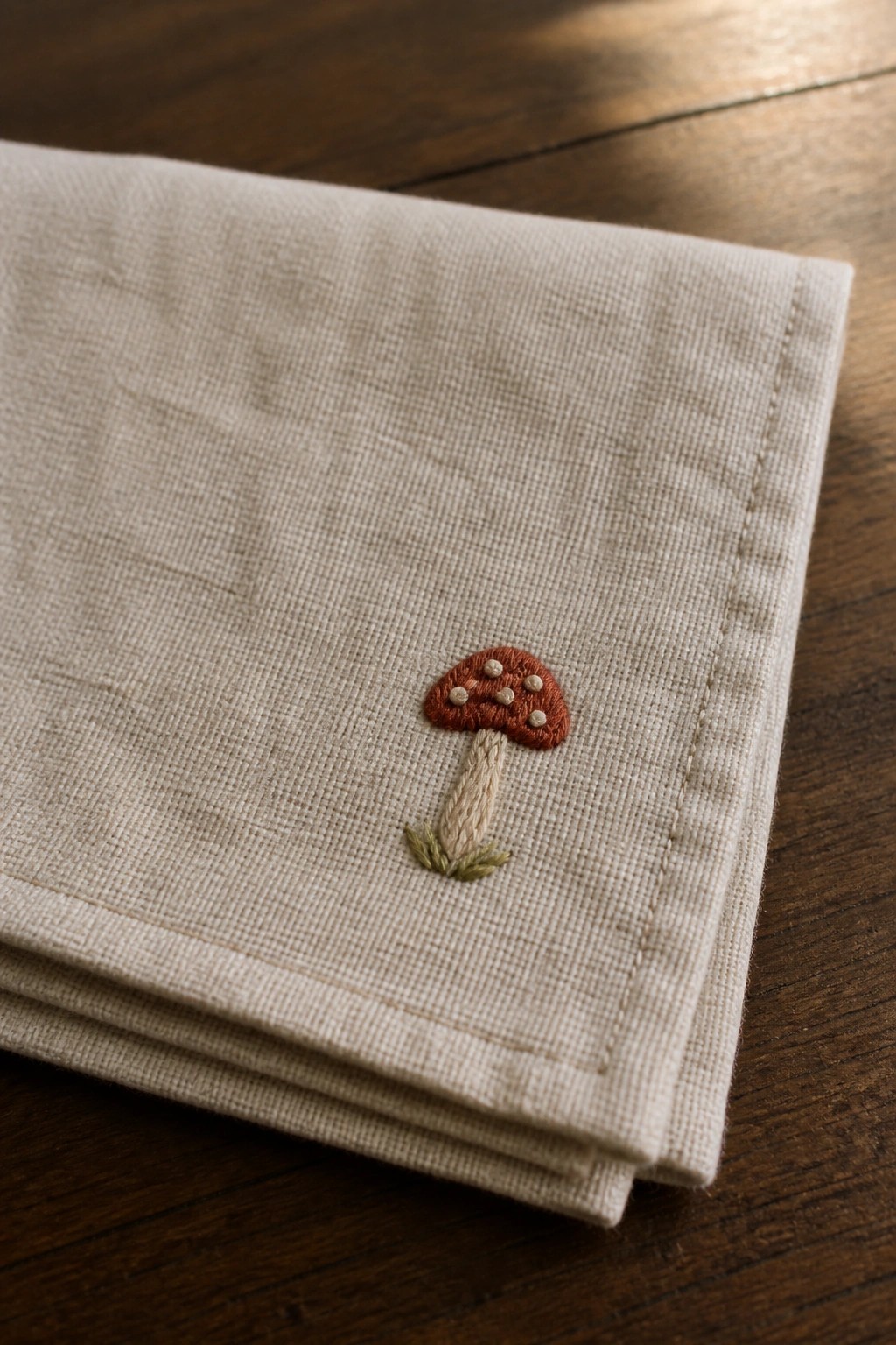 Embroidered red mushroom with white spots on folded beige linen fabric