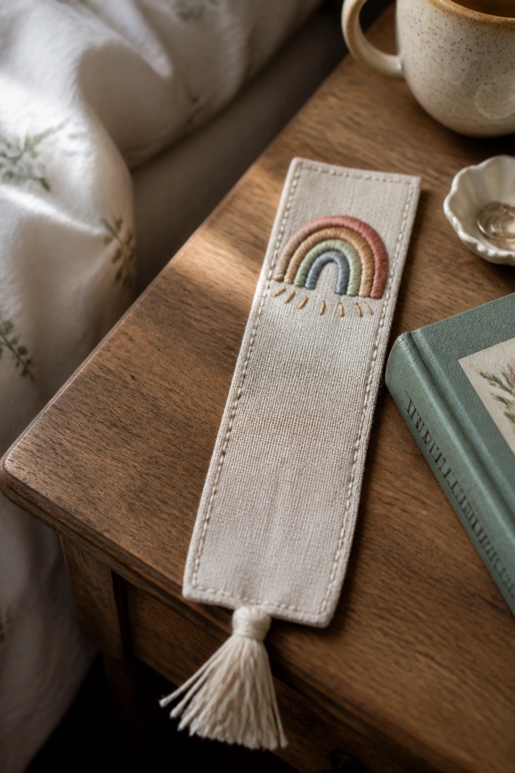 A beige fabric bookmark with an embroidered rainbow and white tassel lies on a wooden table beside a green book.