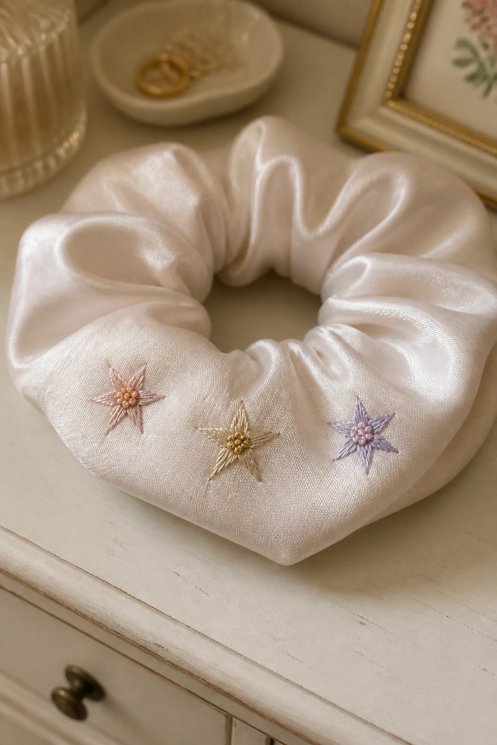 Cream satin scrunchie with pink, gold, and purple embroidered stars on white dresser.