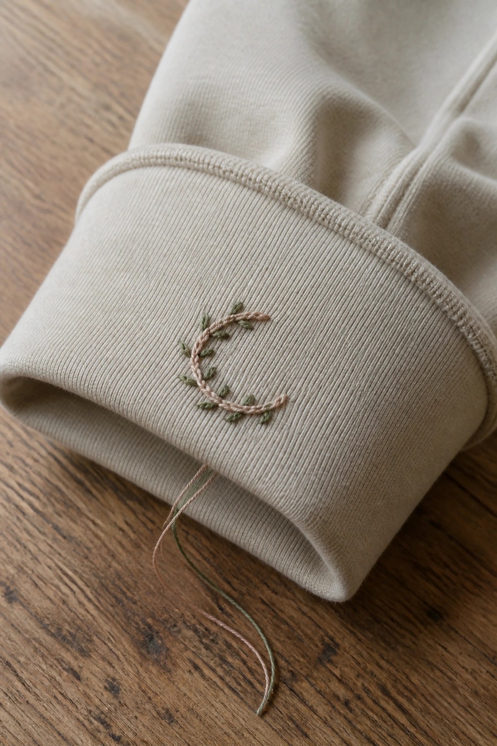 Beige sweatshirt cuff embroidered with crescent moon and leaves, loose threads on wood.