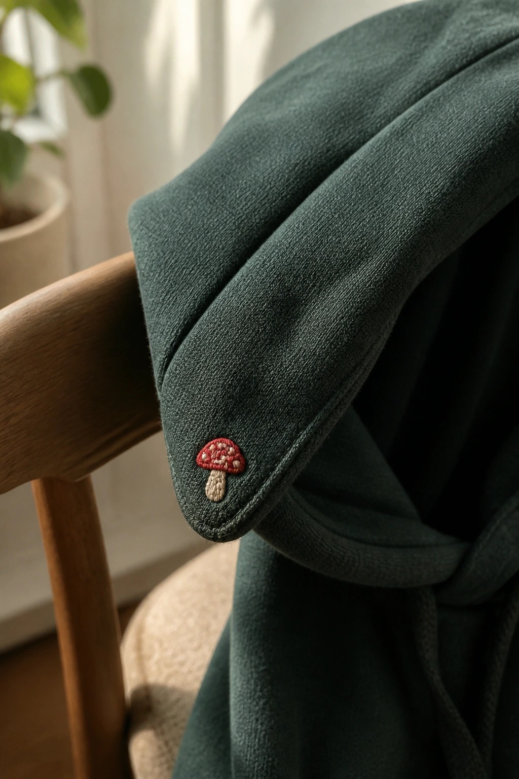 Small red mushroom embroidery with white spots and beige stem on the cuff of a dark green hoodie.