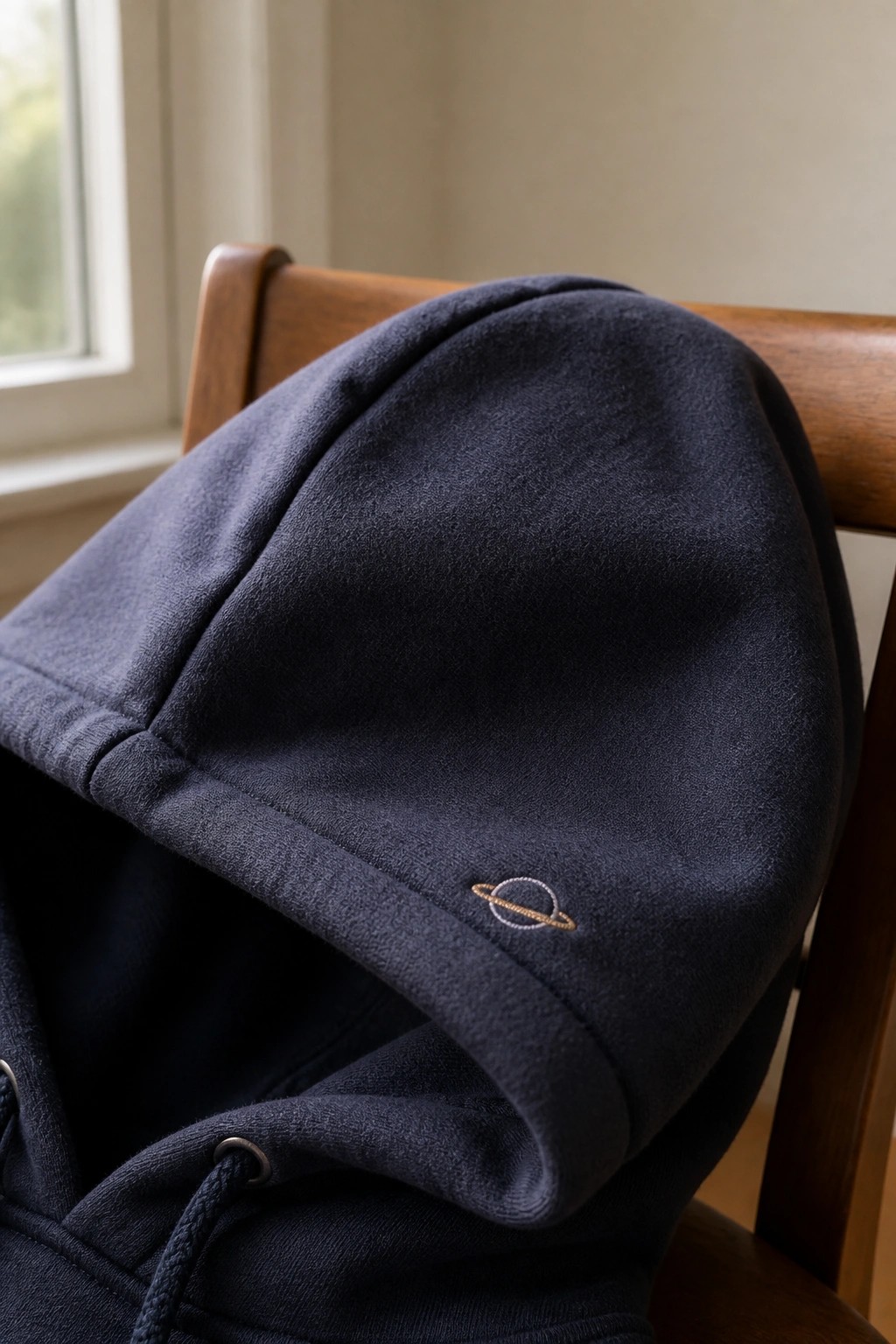 Navy blue hoodie with planet logo draped over wooden chair near window