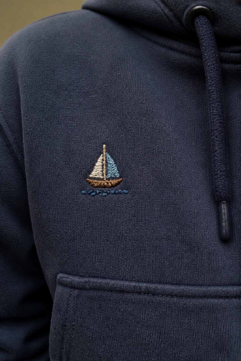 Close-up of a navy blue hoodie showing a small embroidered sailboat on the left chest.