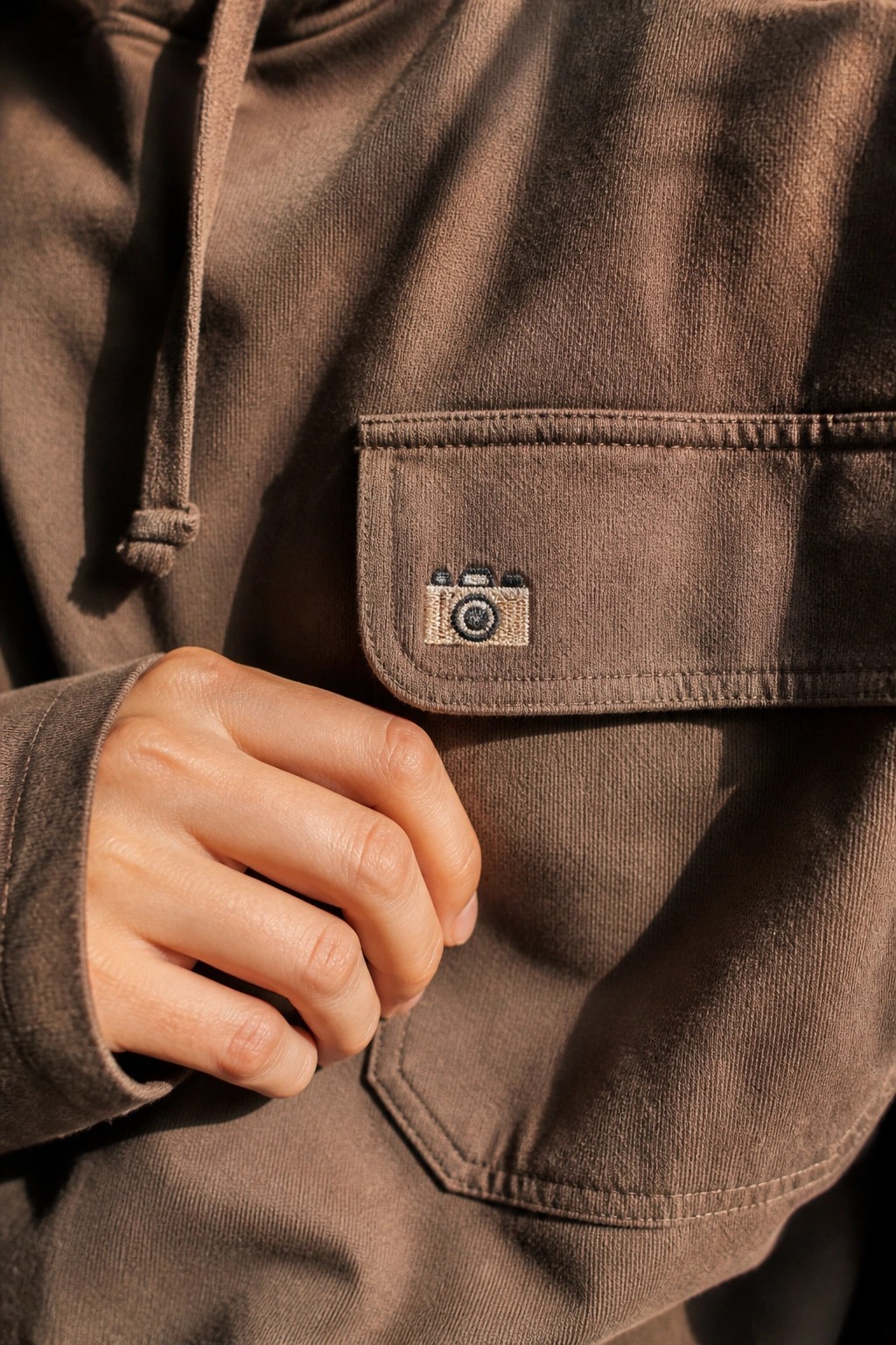 Brown hoodie with embroidered camera patch on pocket and resting hand in sunlight