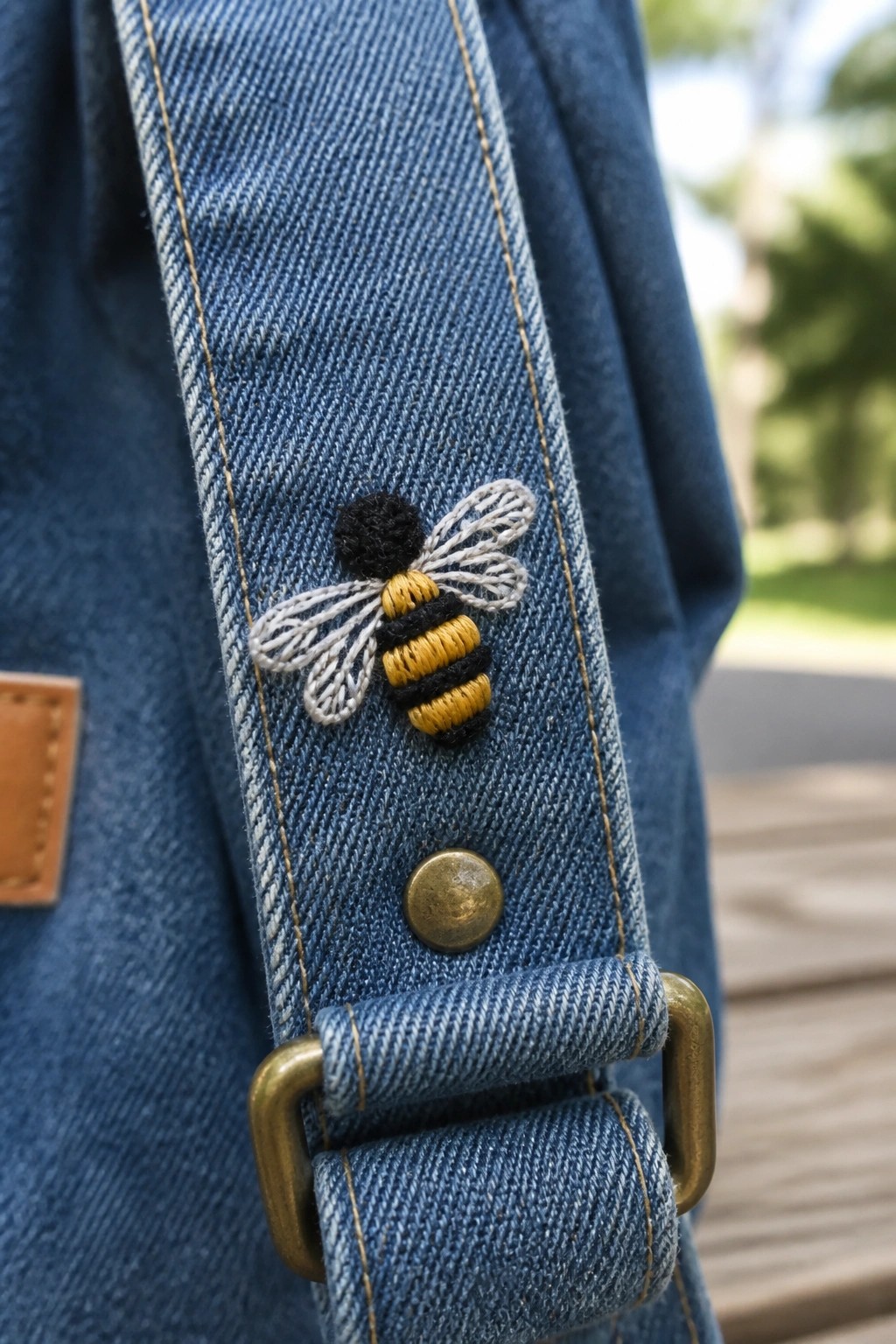 Blue denim strap with embroidered yellow-black bee, brass button, and metal buckle