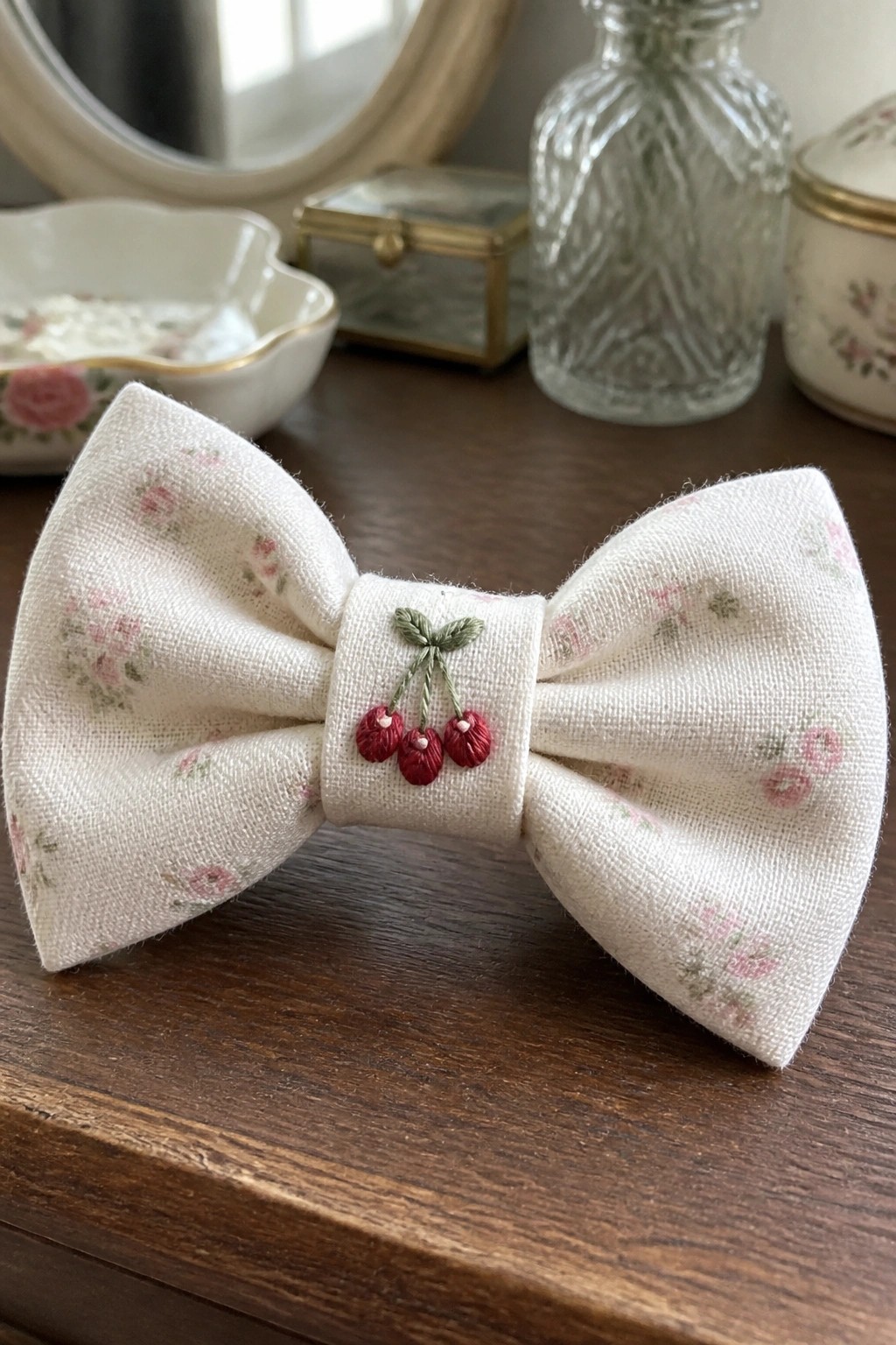 Cream floral bow with pink roses and red cherry embroidery on wood