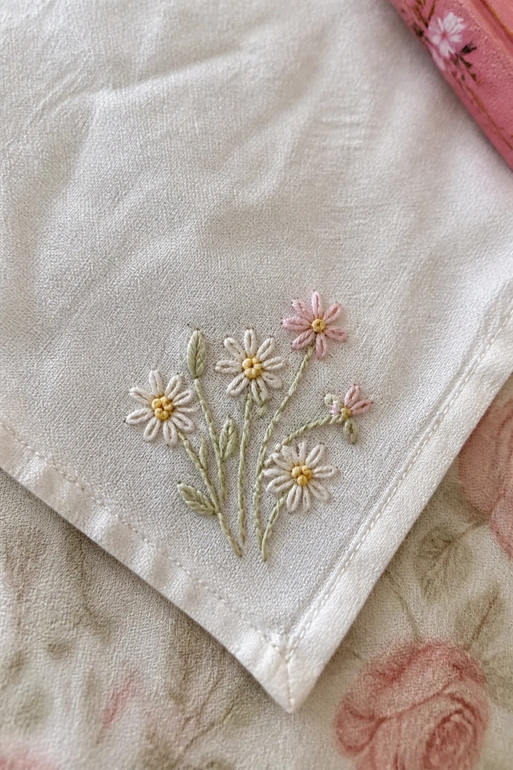 Embroidered white and pink daisies with yellow centers on white fabric corner