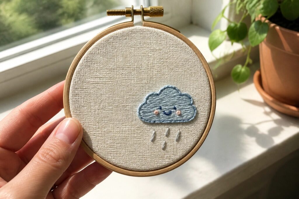 22 Cute Beginner Embroidery Patterns Designed for Small Hoops Hand holding wooden hoop with cute blue cloud face and raindrops on beige fabric