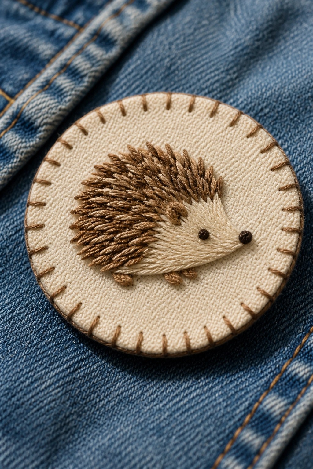 Circular beige patch with brown embroidered hedgehog sewn onto blue denim.