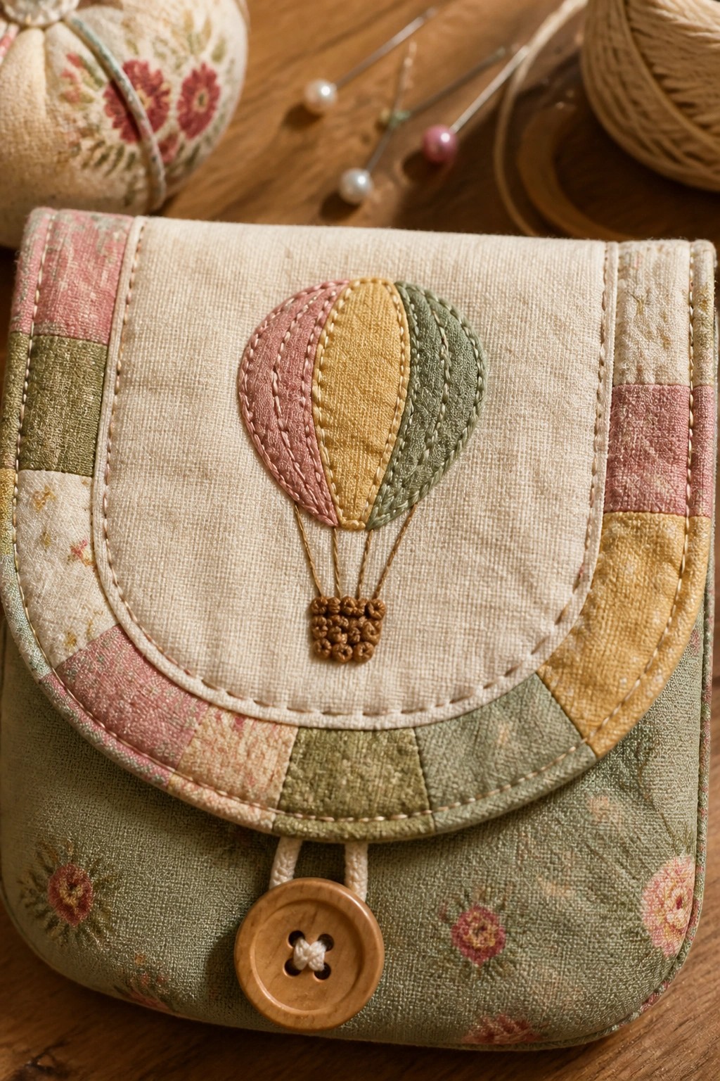 Patchwork fabric pouch with embroidered hot air balloon and wooden button closure