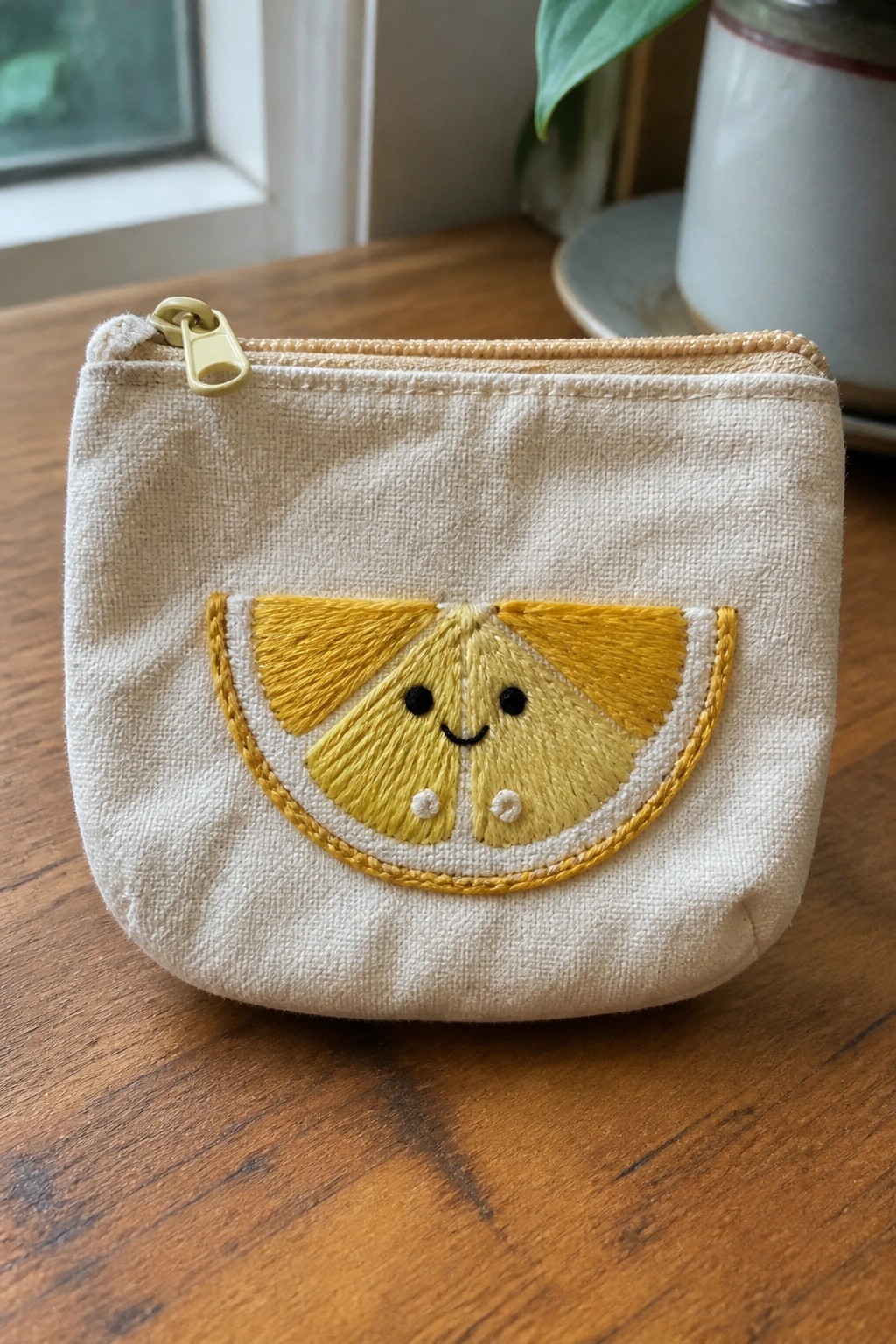 Cream-colored zippered pouch with embroidered smiling lemon on wooden table near window