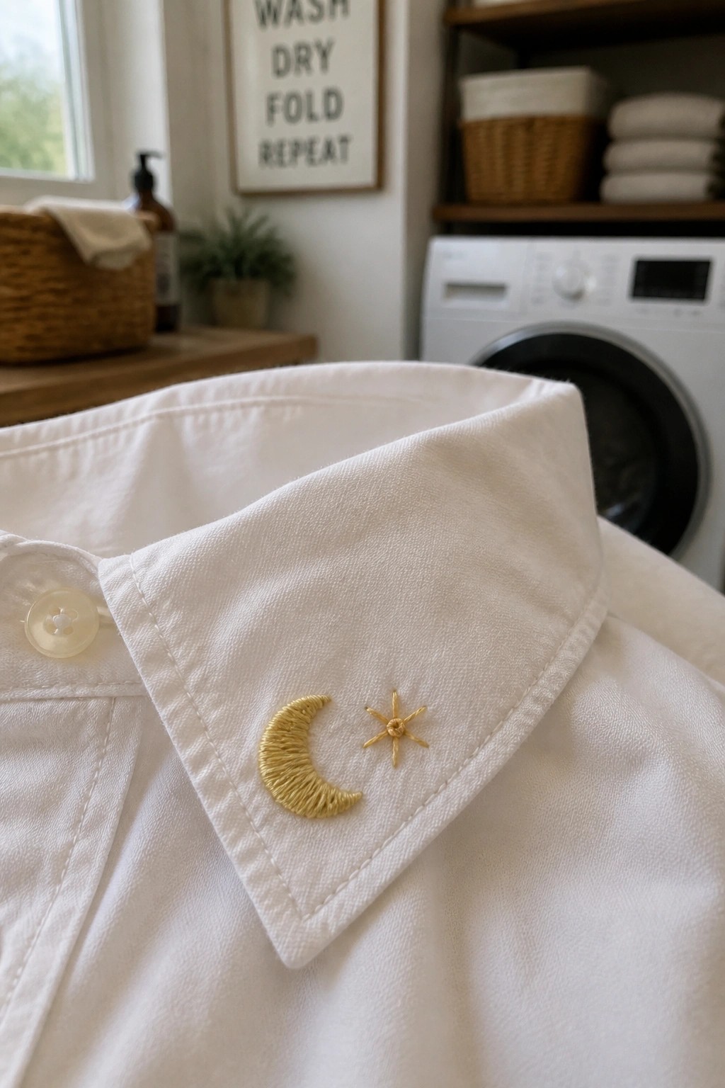 White shirt collar with yellow crescent moon and star embroidery.
