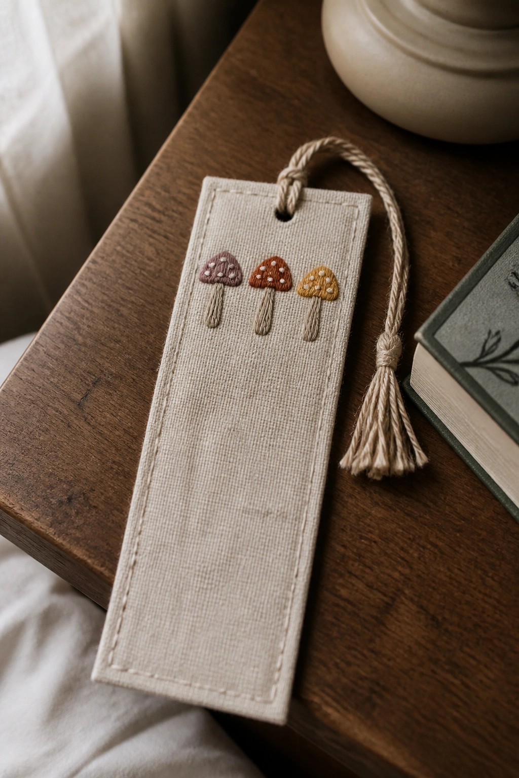 Embroidered bookmark with three mushrooms and tassel on wooden table beside book