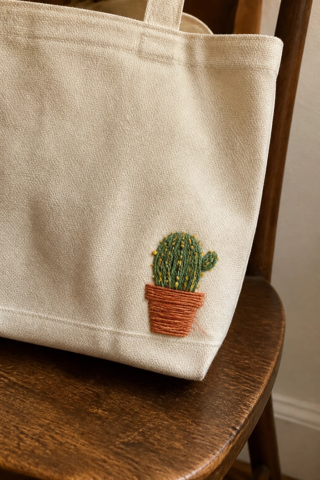 Beige canvas tote bag embroidered with green cactus in terracotta pot on wooden chair