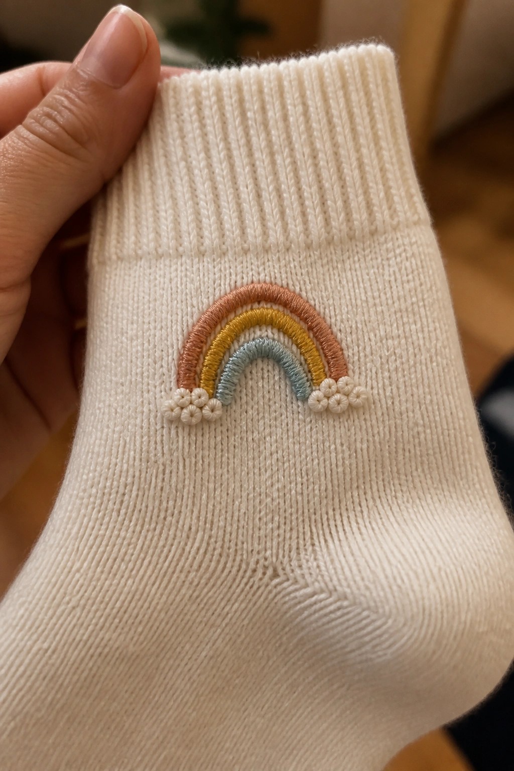 Hand holding white knitted sock with embroidered pastel rainbow and clouds.