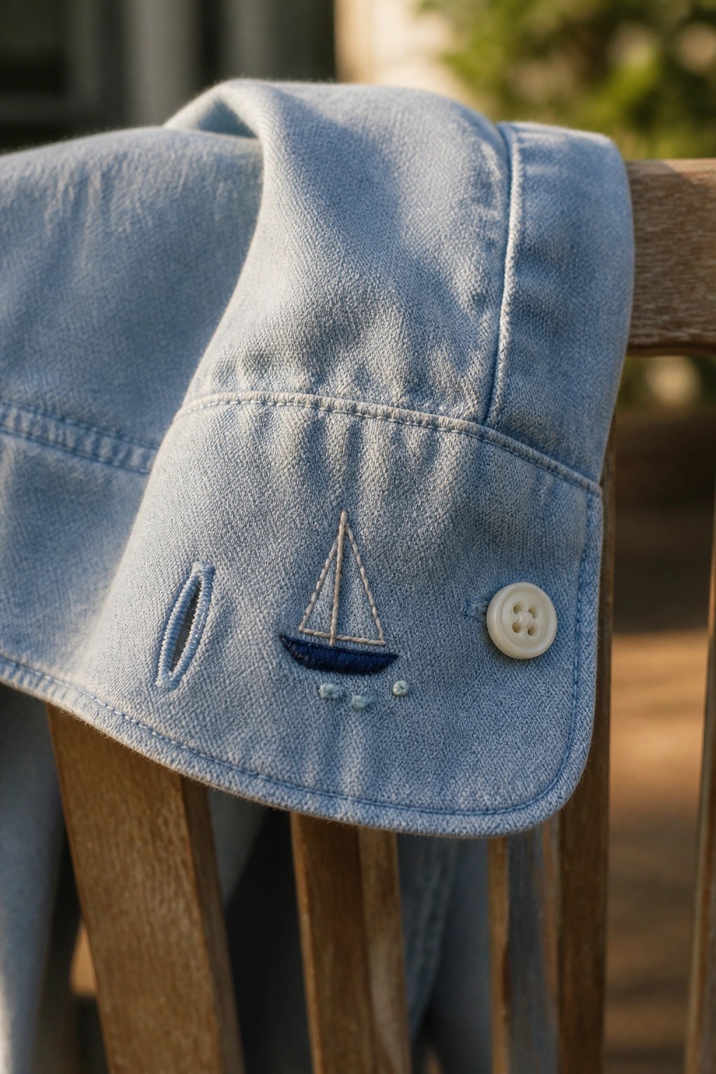 Light blue denim cuff with sailboat embroidery and white button on wooden chair.