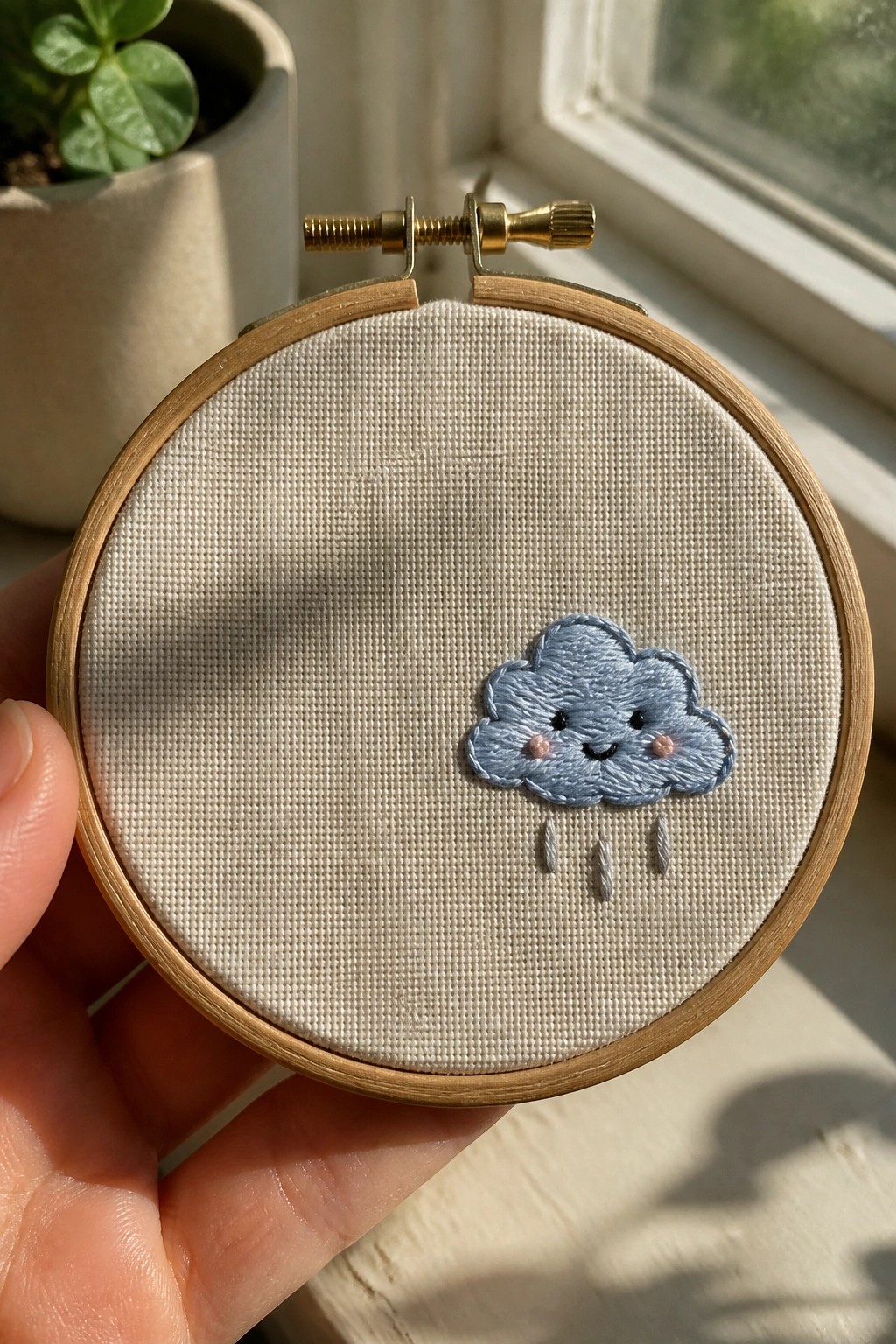 Hand holding wooden hoop with cute blue cloud face and raindrops on beige fabric
