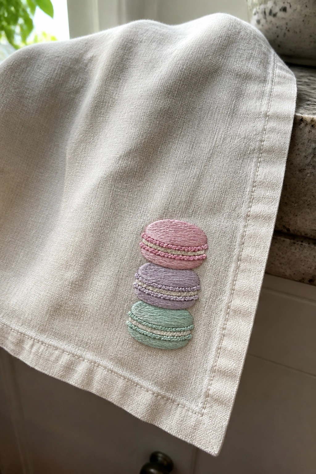 Embroidered pink, lavender, and mint macarons stacked on beige linen fabric.