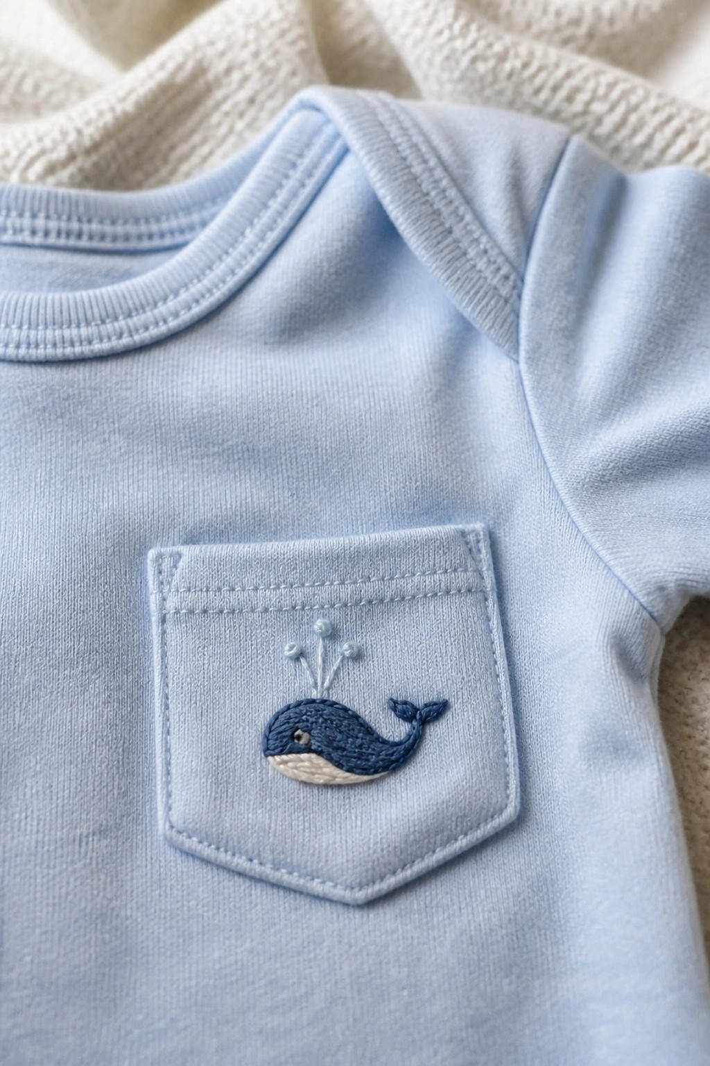 Light blue baby onesie with embroidered whale and bubbles on chest pocket
