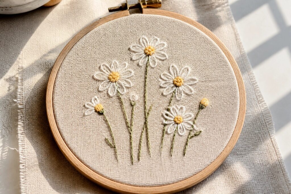 22 Fresh Easy Wildflower Embroidery Designs Using Loose Outline Stitches Wooden hoop holds embroidered white daisies with yellow centers and green stems on beige fabric.