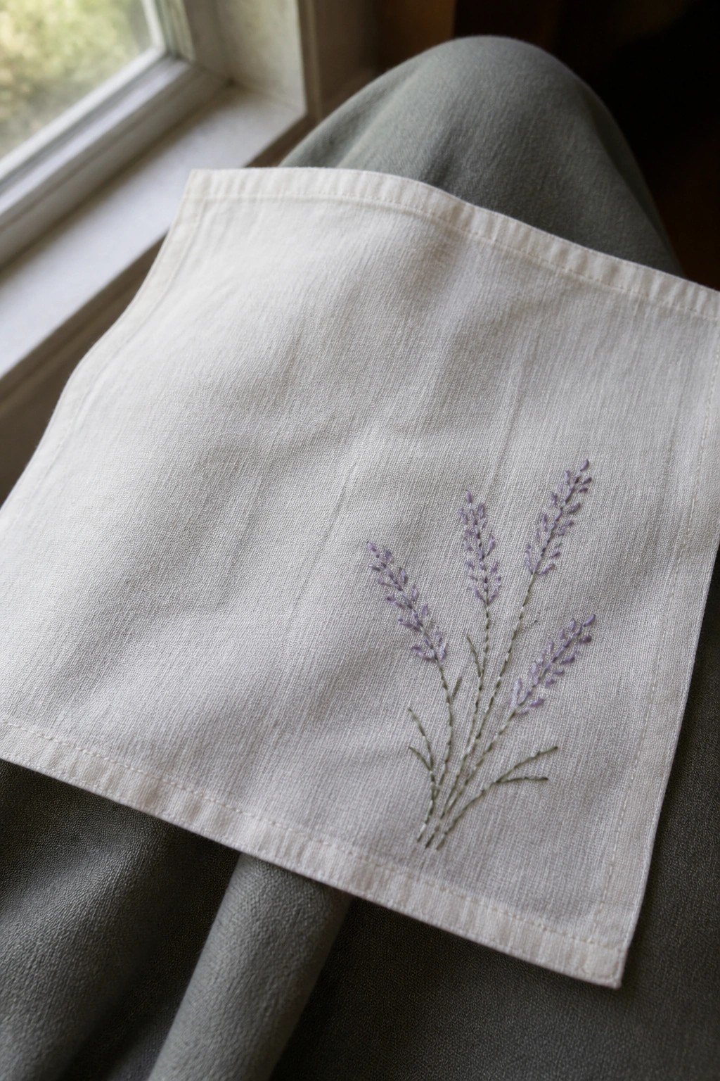 White fabric with lavender embroidery resting on gray pants near a window