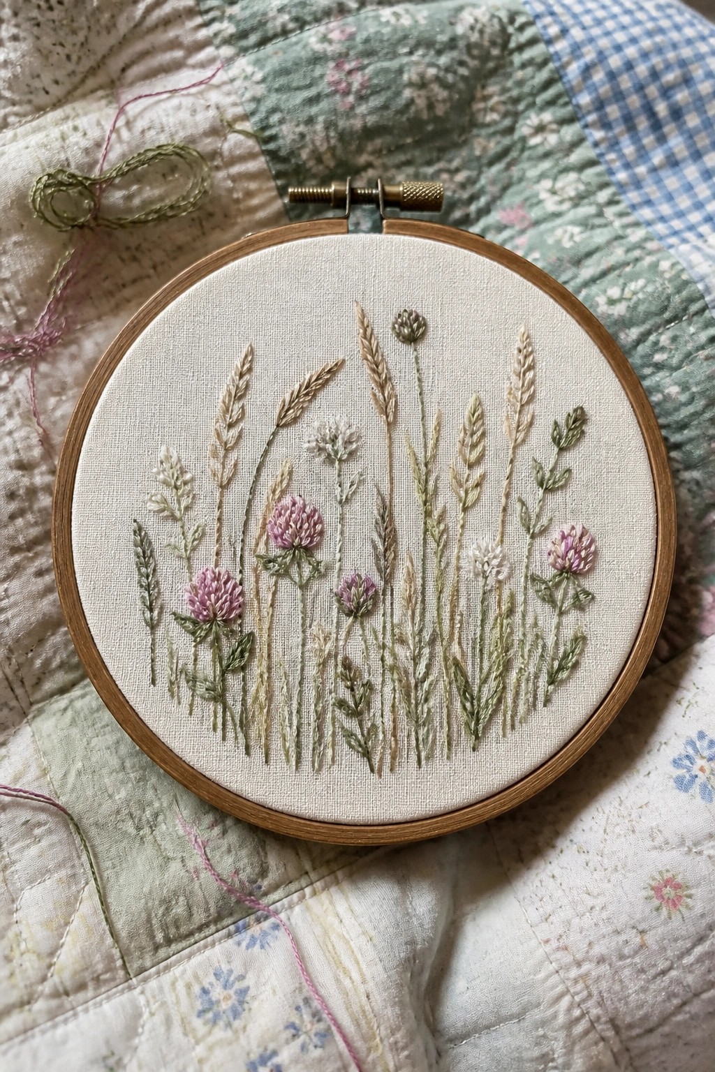 Wooden embroidery hoop with pink and green wildflower stitches on floral quilt.
