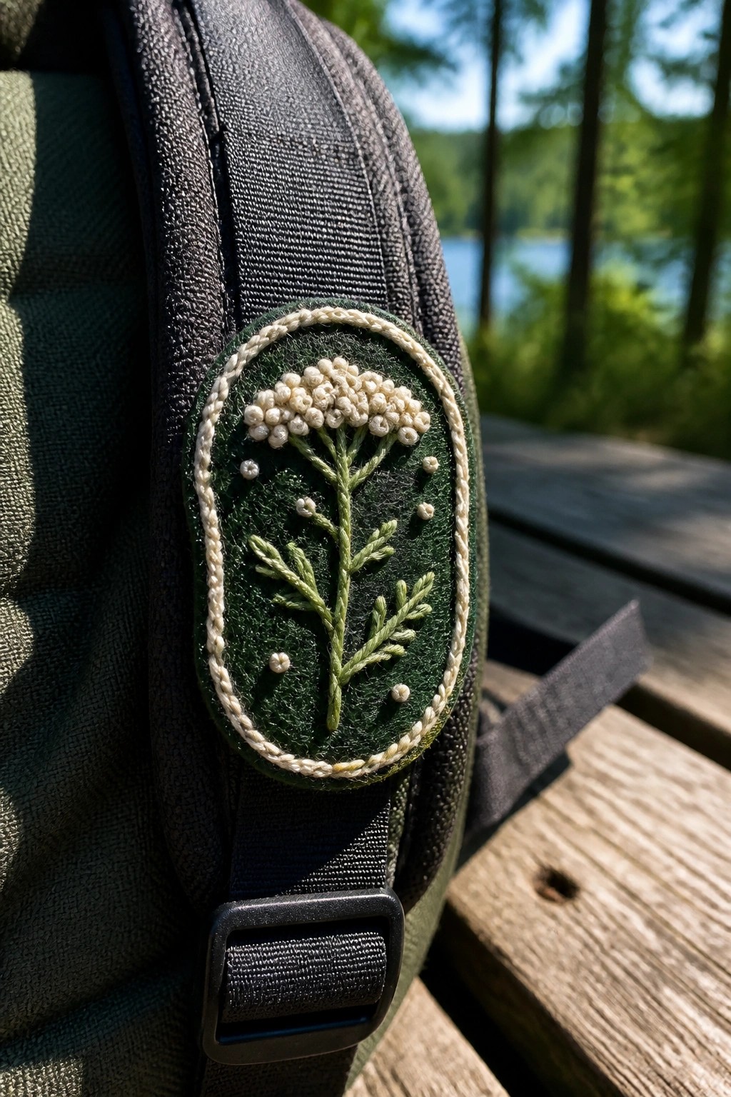 Embroidered floral patch on green backpack with lake and trees behind