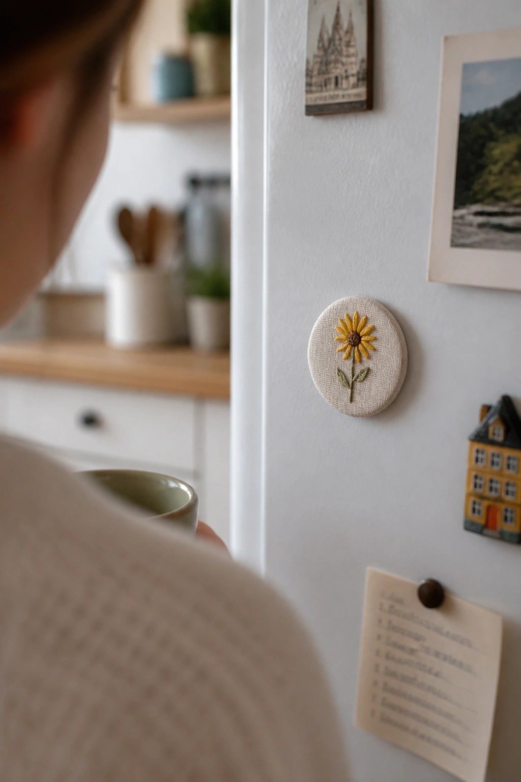 Person in white sweater holds green cup by fridge with sunflower magnet