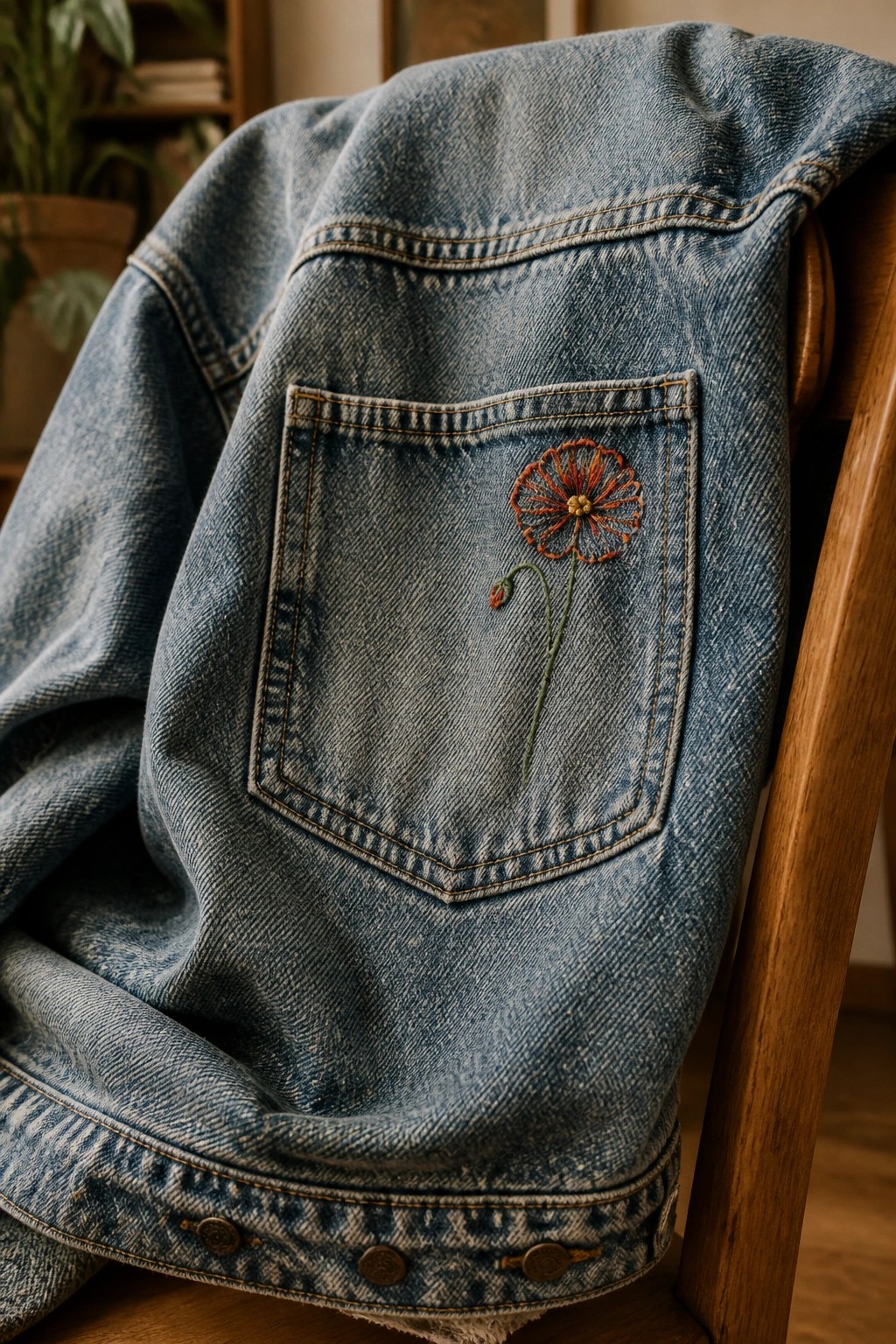 Blue denim jacket with embroidered orange flower on pocket over wooden chair.