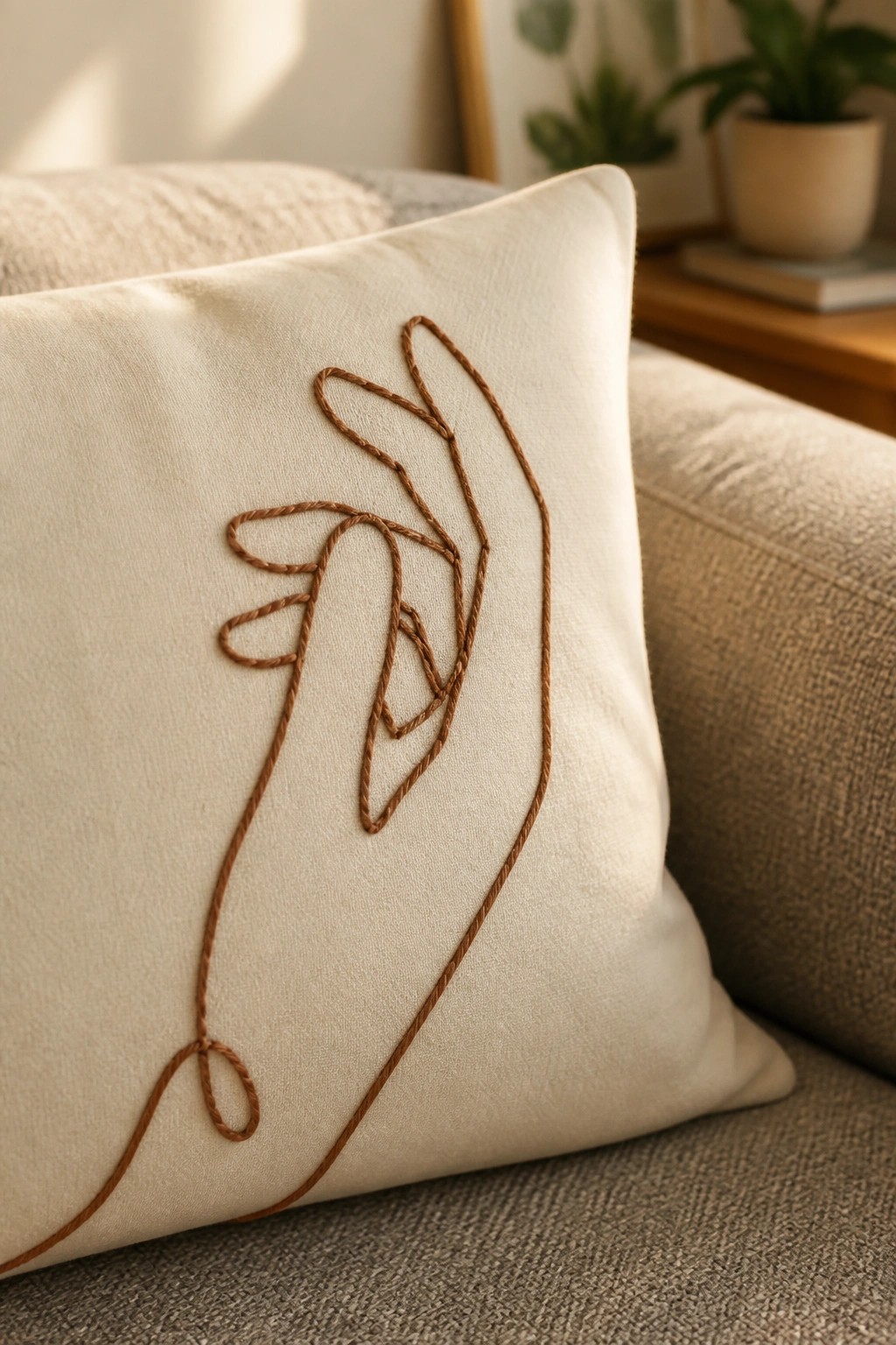 Cream pillow with brown abstract line embroidery on gray textured sofa