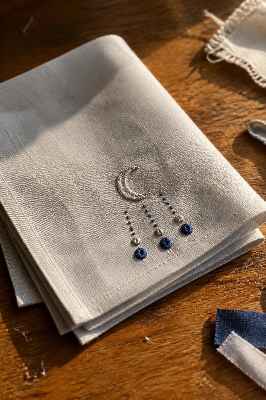 White folded napkin with silver crescent moon and blue dangling embroidery on wood.