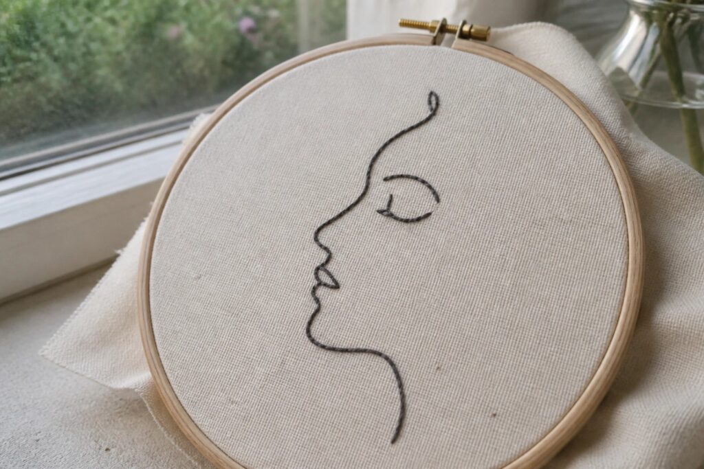 Wooden embroidery hoop with minimalist black stitched face profile on beige fabric