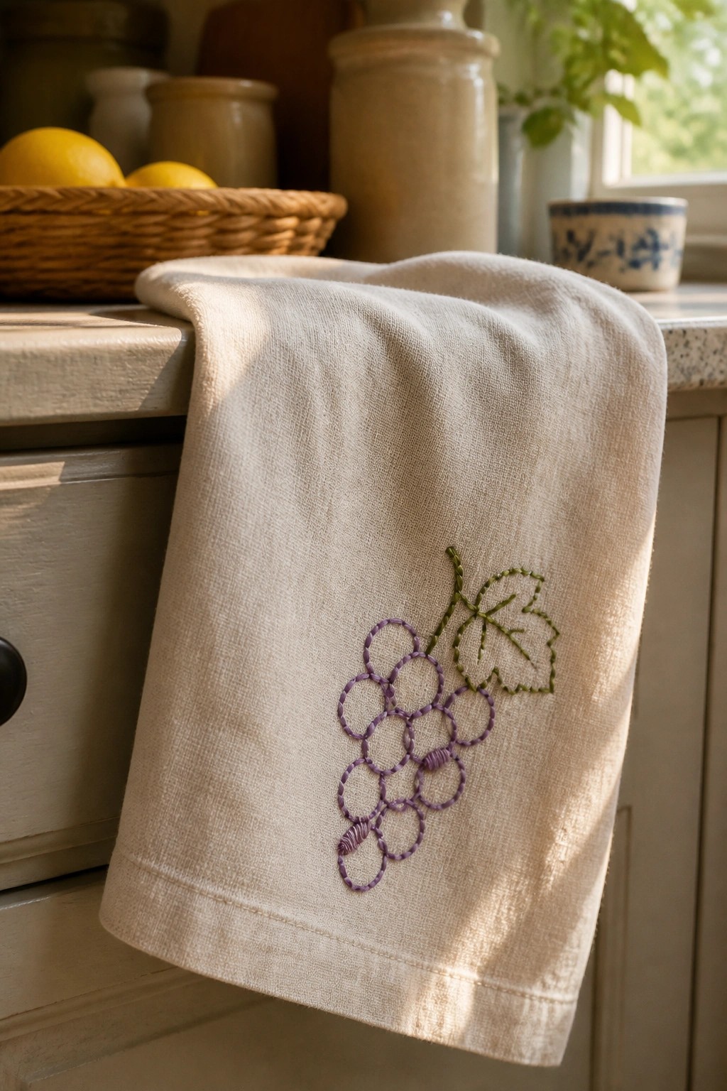 Beige linen towel with purple grape embroidery draped over wooden kitchen drawer