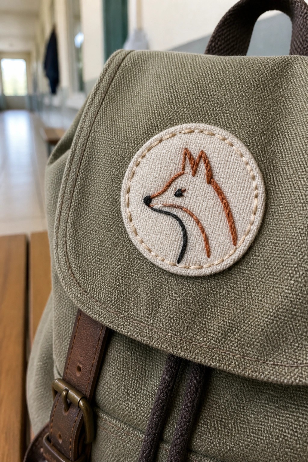Close-up of a green canvas backpack with a round embroidered patch showing a minimal line-art fox head in brown and black threads.